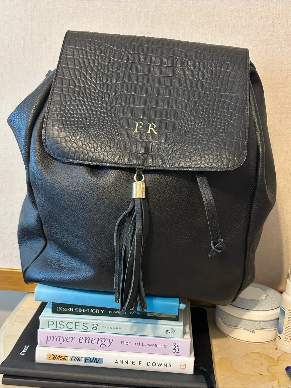 Palo Rosa Genuine Pebble Leather Black Tassel Backpack